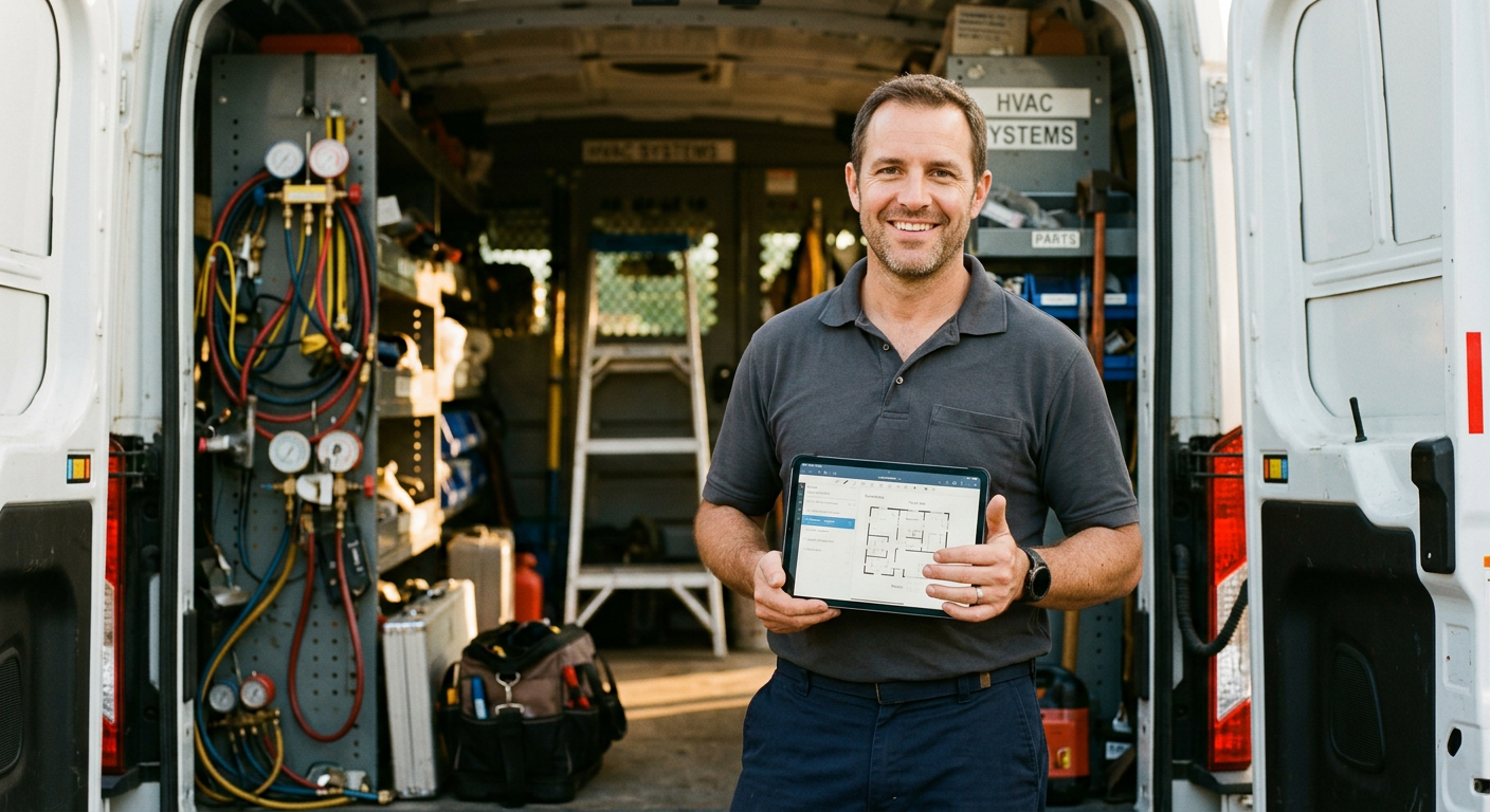 An HVAC business owner smiling at the back of his service van