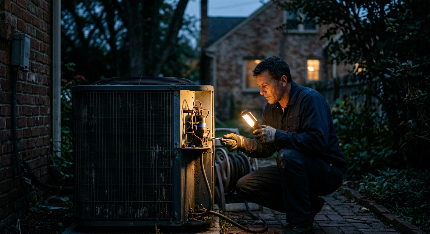 An HVAC technician inspecting an outdoor condenser unit at dusk